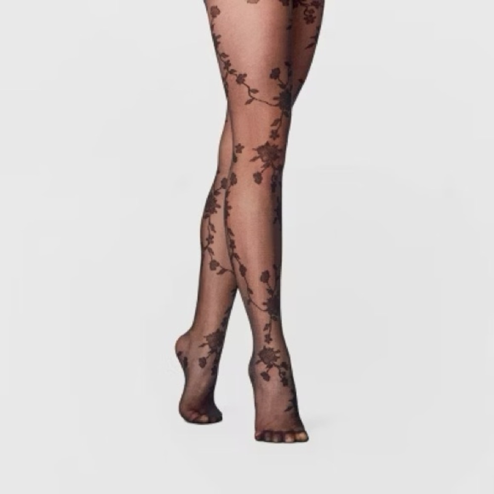 Sheer Floral Vine Black Tights - Women's Patterned Hosiery